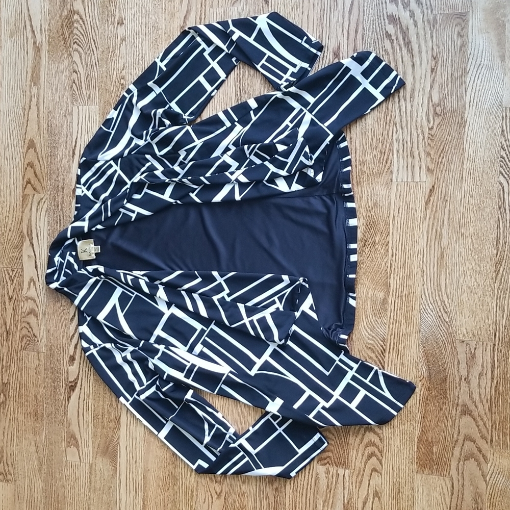 (PL) Kasper Geometric Print Cardigan Classic Style Open Accents Long Sleeve